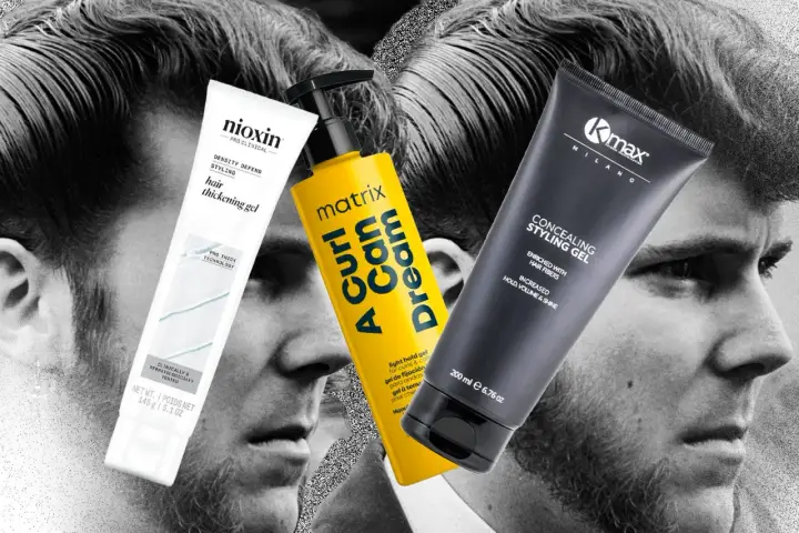 Tre flaconi di gel per capelli, uno bianco Nioxin, uno giallo Matrix e uno nero K-max, sovrapposti a volti maschili in bianco e nero. Il gel fa male ai capelli?