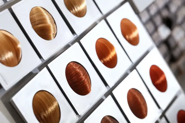 Campioni di capelli con tonalità che vanno dal biondo ramato al castano intenso, pronti per scegliere il colore perfetto.