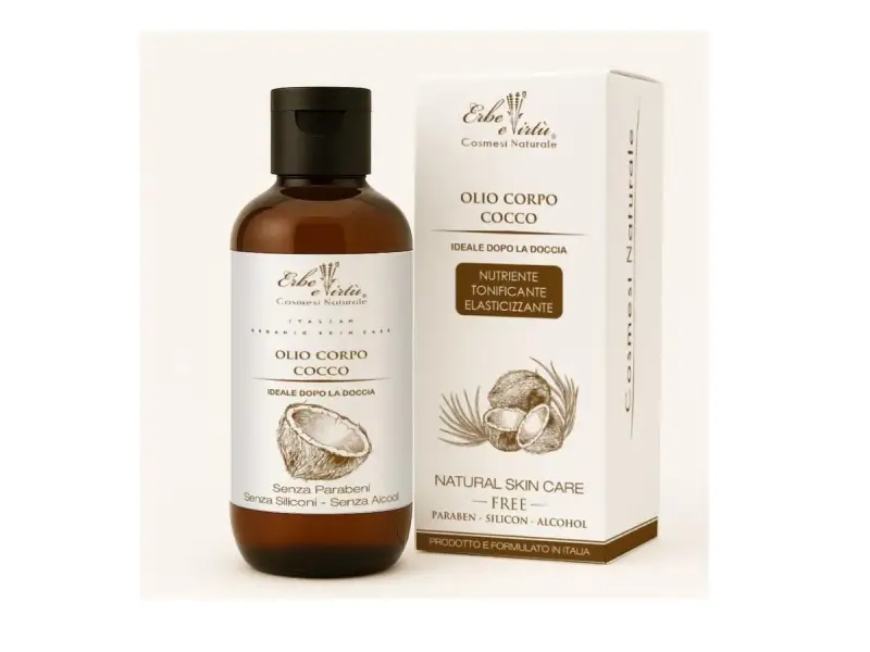 Flacone e scatola di olio corpo al cocco, ideale dopo la doccia, nutriente e elasticizzante. Naturale e senza parabeni.