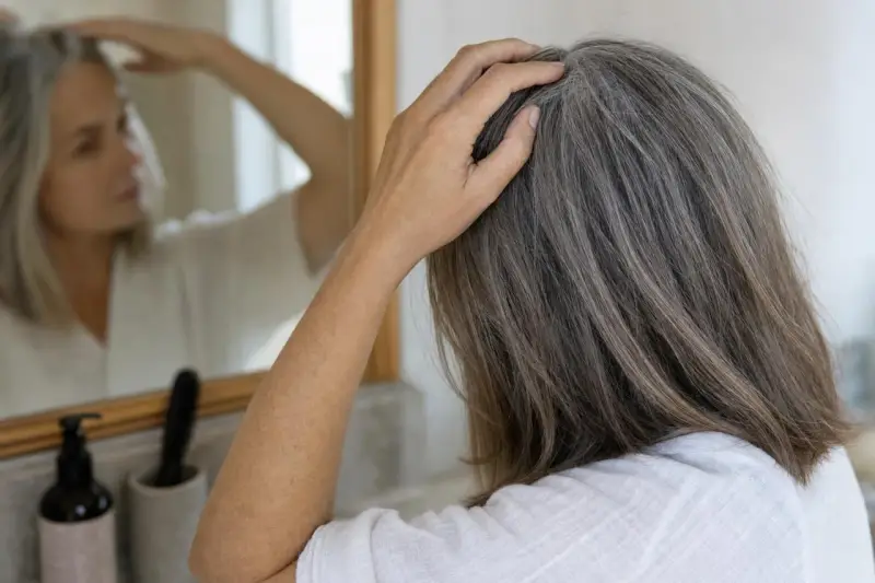 Donna con capelli grigi si tocca la testa, preoccupata che non pettinare i capelli li fa cadere.