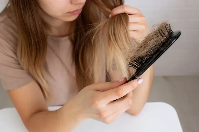 Donna preoccupata guarda i capelli persi sul pettine, chiedendosi perché perdo capelli.